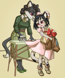 anthro black_body black_fur black_hair black_nose breasts clothes_iron clothing dipstick_tail dress duo female footwear fur gift green_clothing green_dress hair high_heels markings pink_clothing pink_dress pink_nose red_eyes shoes spots spotted_body spotted_fur tail tail_markings tan_body tan_fur young young_female daigaijin felid mammal hi_res daughter_(lore) mother_(lore) mother_and_child_(lore) mother_and_daughter_(lore) parent_(lore) parent_and_child_(lore) parent_and_daughter_(lore)