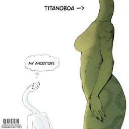 anthro big_breasts breasts claws duo featureless_breasts female legless non-mammal_breasts nude scales serpentine simple_background smile tail text thinking thought_bubble thoughtful_expression espectro111222 boa_(snake) prehistoric_species reptile scalie snake titanoboa 1:1 digital_drawing_(artwork) digital_media_(artwork) film_grain hi_res