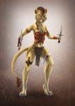 angry anthro braided_hair claws clothing female green_eyes hair knife leather leather_clothing mohawk solo warrior weapon wounded yellow_body fuzzymaro felid lion mammal pantherine