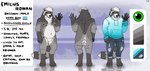 anthro avoid_posting bottomwear character_name clothing conditional_dnp denim denim_bottomwear denim_clothing emile_rowan english_text fluffy front_view fur green_eyes grey_body grey_fur hi_res hoodie jeans looking_at_viewer male mammal model_sheet overweight overweight_anthro overweight_male pants procyonid raccoon rear_view saerixdurr signature slightly_chubby solo text topwear torn_bottomwear torn_clothing torn_jeans torn_pants