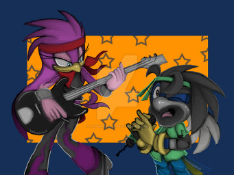accessory anthro bass_guitar black_body black_feathers breasts clothing duo electronics eyelashes feathers female gloves guitar handwear headband holding_musical_instrument holding_object microphone musical_instrument non-mammal_breasts one_eye_closed open_mouth playing_guitar playing_music plucked_string_instrument purple_body purple_feathers singing size_difference standing string_instrument tongue rondineviola deviantart sega sonic_riders sonic_the_hedgehog_(series) fan_character wave_the_swallow avian bird hirundinid oscine passerine swallow_(bird) 4:3 alpha_channel source_request watermark