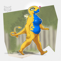 anthro belly belly_overhang big_breasts big_butt breasts butt female heart_symbol multicolored_body nude overweight overweight_anthro overweight_female pointed_tail simple_background smile solo tail tasteful_nudity thick_thighs two_tone_body walking wide_hips wings yellowracc nintendo pokemon dennysparce_(yellowracc) dunsparce generation_2_pokemon humanoid pokemon_(species) reptile scalie snake hi_res