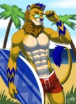 abs anthro beach blue_nose bottomwear clothed clothing detailed_background eyewear fingers fur hair male muscular outside pecs seaside sky solo summer sunglasses surfboard swimwear topless feralise dexterlion felid lion mammal pantherine hi_res