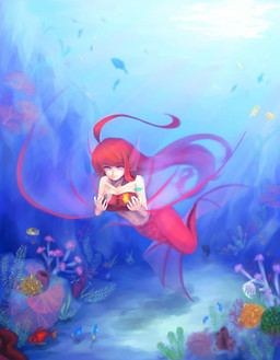 5_fingers breasts clothing detailed_background eyebrows eyelashes female fingers hair long_hair navel non-mammal_breasts pink_eyes red_hair scales solo split_form underwater water denpaderupa aquatic fish merfolk hi_res source_request unavailable_at_source