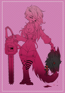 anthro blood bodily_fluids breasts chainsaw clothed clothing decapitation duo fangs female fluffy fluffy_tail fur hair machine male open_mouth open_smile power_tool red_eyes smile tail teeth tongue tongue_out tools vanthecheesenone_(artist) hellaverse helluva_boss mythology loona_(helluva_boss) canid canid_demon canine demon hellhound mammal mythological_canine mythological_creature robot sergal hi_res