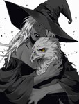 anthro beak clothing duo female hair hat headgear headwear hug looking_at_viewer male white_hair witch_hat yellow_eyes knightdecayed elden_ring elden_ring_nightreign fromsoftware guardian_(nightreign) recluse_(nightreign) avian bird human mammal greyscale hi_res monochrome