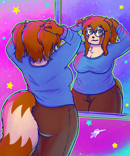 abstract_background anthro big_breasts big_butt big_tail biped bottomwear breasts butt cleavage clothed clothed_anthro clothed_female clothing eyewear female fully_clothed fully_clothed_anthro fully_clothed_female fur fur_markings glasses green_eyes hair long_hair long_sleeve_shirt markings outline overweight overweight_anthro overweight_female pants reflection solo tail thick_thighs wide_hips pabord ritsuko_(pabord) ailurid bear giant_panda mammal red_panda 2026 5:6 absurd_res digital_drawing_(artwork) digital_media_(artwork) dithering hi_res signature