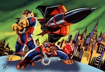 anthro city city_background crossed_arms crouching duo jet_fighter male mask muscular pilot pilot_suit turbokat bhaskar655 hanna-barbera swat_kats chance_furlong jake_clawson absurd_res hi_res