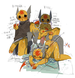 antennae_(anatomy) ass_up big_penis black_eyes blush blush_lines bodily_fluids chain chain_leash cloak_only clothed clothing clothing_lift collar cross-popping_vein cum cum_covered cum_pooling dripping duo erection faceless_character faceless_male genital_fluids genitals head_markings heart_symbol holding_object humanoid_genitalia humanoid_penis intersex intersex/male intersex_focus leash looking_at_viewer looking_pleasured lying machine male maleherm maleherm/male maleherm_focus markings messy offering_leash on_back orange_fingers outstretched_hand penetration penis penis_grab pose precum precum_drip precum_string red_markings sex simple_background solo_focus sparkles sparkling_eyes spread_legs spreading text upside_down_penis vulva wire x-ray_view yellow_body alretta rain_world videocult seven_red_suns_(rain_world) humanoid iterator_(rain_world) overseer_(rain_world) robot robot_humanoid chinese_text full-length_portrait hi_res portrait shaded signature translation_request