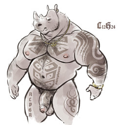 anthro arm_hair balls biceps body_hair chest_hair clock flaccid foreskin genitals gold_(metal) gold_jewelry gold_necklace horn humanoid_genitalia humanoid_penis jewelry male mature_male multiple_tattoos muscular muscular_anthro muscular_male navel necklace nipples nude pecs penis pubes shoulder_hair simple_background solo tattoo text watch white_background dramamine mammal rhinoceros 2019 alternate_version_at_source english_text hi_res