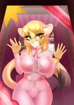 5_fingers anthro big_breasts blonde_hair breasts dipstick_tail ear_piercing eyelashes female fingers hair looking_at_viewer markings multicolored_tail piercing pink_nose ring smile solo tail tail_markings tan_body dannyckoo ladnelsiya rhoda cougar felid feline mammal 2020 artist_collaboration hi_res