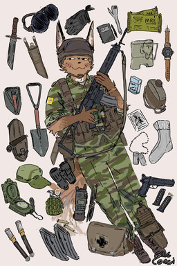 anthro armor binoculars blush boots brown_body brown_fur bullet camo canteen cigarette_box clock clothing compass cutlery dog_tags electronics explosives eyewear first_aid_kit food footwear fur gloves gloves_(marking) goggles grenade gun handgun handwear hat headgear headwear helmet holding_gun holding_object holding_ranged_weapon holding_rifle holding_weapon kitchen_utensils looking_at_viewer magazine_(gun) male markings medical_instrument military military_uniform mre multicolored_body multicolored_fur note_pad patch_(fabric) pen photo pistol pointy_ears pouch_(clothing) prick_ears radio ranged_weapon rifle rolled_up_sleeves scientific_instrument shoes shovel simple_background socks soldier solo tail tan_body tan_fur tools uniform warrior watch weapon white_background white_body white_fur wristwatch lecorgi mammal digital_media_(artwork) hi_res signature