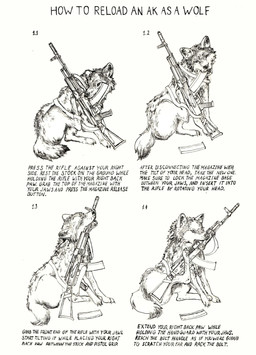 ambiguous_gender digitigrade fangs feral gun gun_in_mouth instruction magazine_(gun) object_in_mouth open_mouth quadruped ranged_weapon reloading rifle sitting solo tail teeth text weapon weapon_in_mouth letvinity kalashnikov canid canine canis mammal wolf 2026 absurd_res english_text hi_res monochrome