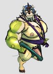 2022 4_toes aezin anthro areola barely_contained barely_contained_penis biceps big_biceps black_nose chesnaught chest_tuft chin_tuft claws clothed clothing colored_sketch eli_(aezin) erection erection_under_clothing facial_tuft feet fur generation_6_pokemon genitals green_body green_clothing green_underwear humanoid_genitalia humanoid_penis ineffective_clothing male mammal mask muscular muscular_arms muscular_male neck_tuft nintendo nipples pecs penis pink_areola pink_nipples pokemon pokemon_(species) pubes sketch small_ears solo spikes spikes_(anatomy) standing tan_body tenting toe_claws toes tuft underwear vein veiny_penis white_body white_fur wrestling_singlet