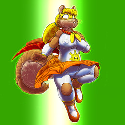 5_fingers anthro areola_outline big_breasts biped blonde_hair bottomwear breasts camel_toe cape clothed clothed_anthro clothed_female clothing eyemask eyewear female female_anthro fingers front_view fur gradient_background green_background hair hero mask nipple_outline red_cape red_clothing red_nose simple_background skirt snout solo superhero superhero_costume tail tan_body tan_ears tan_fur tan_inner_ear tan_tail teeth whiskers white_clothing yellow_mask kitsune_youkai krypto_defenders light_day mammal rodent sciurid tree_squirrel 1:1 2026 digital_media_(artwork)