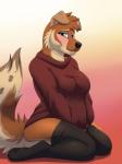 anthro big_breasts biped blush breasts brown_body brown_fur clothing female floppy_ears fur legwear looking_at_viewer shy simple_background sitting slightly_chubby smile solo stockings sweater tan_body tan_fur thigh_highs topwear may825 nathalie canid canine canis collie domestic_dog herding_dog mammal pastoral_dog sheepdog 2018 3:4 absurd_res hi_res