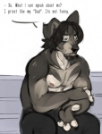 anthro beard biceps biped clothed clothing facial_hair fur hair male muscular muscular_anthro muscular_male nipples pecs sitting solo text topless l-i-t-t-l-e_f-i-r-e canid canine mammal english_text sketch