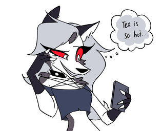 anthro blush cellphone clothing electronics female fingerless_gloves fur gloves grey_body grey_fur grey_hair hair handwear long_hair phone red_sclera smartphone solo text thought_bubble white_body white_eyes white_fur emositecc hellaverse helluva_boss mythology loona_(helluva_boss) canid canid_demon canine demon hellhound mammal mythological_canine mythological_creature colored english_text hi_res