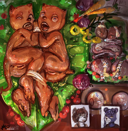 anthro anus bangs bdsm before_and_after biped black_body black_clothing black_eyebrows black_fur black_lips black_nose black_shirt black_t-shirt black_tank_top black_topwear blue_body blue_ears blue_eyes blue_fur blue_hair bondage bound braided_hair brown_body brown_ears brown_eyes brown_fur brown_hair brown_tail butt carrot character_prepared_as_food child_murder clothing cobondage cooked corpse death duo eye_roll eyebrows eyelashes eyewear fallopian_tubes fangs feet female female_anthro flat_chested food fruit fur genitals glasses gore gore_focus green_eyes guts hair hairless half-closed_eyes heart_(organ) humanoid_genitalia humanoid_vulva intestines lettuce lips logo long_hair lying multicolored_body multicolored_fur narrowed_eyes nude nude_anthro nude_female on_side onion open_mouth organs ovaries pineapple pink_tongue plant plantigrade pupils round_ears round_glasses sauce shirt short_hair short_tail snout t-shirt tail tank_top teeth text toes tomato tongue topwear two_tone_body two_tone_fur uterus vegetable vulva white_body white_fur white_inner_ear wide_eyed young young_anthro young_female mabibabi bear mammal procyonid raccoon 2026 absurd_res artist_logo artist_name dated hi_res