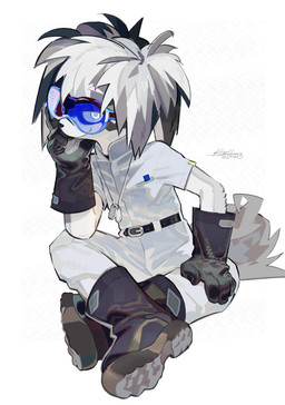 anthro arm_support belt biped black_boots black_clothing black_footwear black_gloves black_handwear boots closed_smile clothed clothed_anthro clothed_male clothing coveralls crossed_legs dog_tags eyewear footwear fur glasses gloves grey_body grey_fur handwear jewelry leaning_on_elbow male male_anthro mouth_closed necklace shoes simple_background sitting smile solo tail wearing_glasses white_background knollplaid canid mammal 2025 digital_media_(artwork) hi_res signature