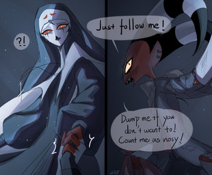 anthro black_text blue_background bodily_fluids crying dialogue duo fur grey_body grey_fur grey_hair hair hand_holding horn looking_down looking_up male nun red_eyes simple_background speech_bubble standing tears text white_face yellow_eyes rainwoodwood hellaverse helluva_boss blitzo_(helluva_boss) stolas_(helluva_boss) avian avian_demon bird demon imp owl owl_demon absurd_res hi_res