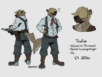 anthro belly belt belt_buckle belt_pouch blonde_hair boots bottomwear buckle clothing ears_up footwear hair harness male musclegut muscular pants question_mark shirt shoes solo strong_fat tail teeth teeth_showing text topwear mawkvlt trofim_wolverine_(mawkvlt) gulonine mammal mustelid musteline wolverine 4:3 hi_res model_sheet