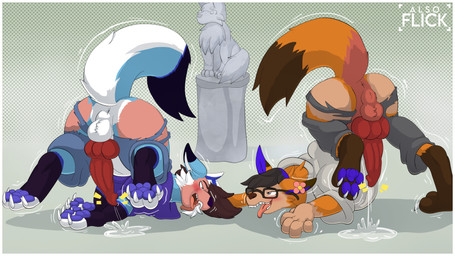 bodily_fluids border butt cum curse genital_fluids genitals knot orgasm penis sculpture statue transformation white_border alsoflick kotaro_(kotarofoxxxx) canid canine fox mammal 16:9 4k absurd_res hi_res widescreen