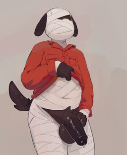 anthro balls bandage black_body black_fur bodily_fluids clothed clothing clothing_lift floppy_ears fur genital_fluids genitals glowing glowing_eyes humanoid_genitalia humanoid_penis male mummy_wrappings penis precum red_clothing red_topwear shirt shirt_lift simple_background slightly_chubby solo tail topwear cocofish animal_crossing nintendo lucky_(animal_crossing) canid canine canis domestic_dog mammal hi_res