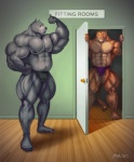 anthro areola big_muscles blue_eyes blush clothed clothing duo fitting_room huge_muscles hyper hyper_muscles male muscular muscular_male nipples partially_clothed shy speedo swimwear purrcules_(artist) hound_(character) purrcules_(character) canid canine canis domestic_dog felid great_dane hybrid liger lion mammal mastiff molosser pantherine tiger 2011