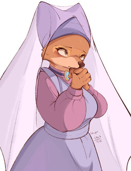 4_fingers alternative_fashion anthro big_breasts blush blush_lines breasts brown_eyes brown_nose cheek_tuft clasped_hands classic_lolita clothed clothing countershade_face countershading dress eyebrows eyelashes facial_tuft female fingers fur furgonomic_headwear furgonomics hands_together headgear headwear j-fashion jewelry lolita_(fashion) lolita_dress looking_offscreen orange_body orange_fur pendant simple_background solo text thin_eyebrows tuft veil white_background conditional_dnp tohupo disney robin_hood_(disney) maid_marian canid canine european_red_fox fox mammal red_fox true_fox 2023 artist_name colored dated hi_res portrait shaded three-quarter_portrait