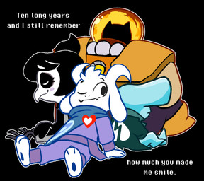 3_toes alternate_universe anniversary anthro barefoot black_background black_body black_eyes black_hair blue_body blue_pawpads bubble_helmet cape clothing eyelashes eyes_closed feet female group hair head_tuft heart_(marking) horn intersex lying male markings one_eye_closed pawpads paws plantigrade robe simple_background sitting smile soles talons text toes tuft white_face winged_arms wings fatz_geronimo dreemurr_reborn undertale undertale_(series) asriel_dreemurr cheerie avian boss_monster_(undertale) bovid caprine humanoid mammal soul_(undertale) unknown_species english_text