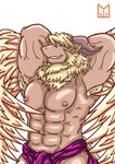 abs anthro armpit_hair barazoku blonde_hair body_hair clothed clothing hair horn male muscular muscular_male nipples simple_background solo red_panda_mirr lifewonders tokyo_afterschool_summoners azazel_(tas) angel bovid caprine goat mammal digital_media_(artwork) hi_res