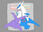 bed blue_body blue_feathers duo feathers feral frown furniture lying male on_back open_mouth pillow purple_body purple_feathers red_eyes white_body white_feathers che_ri_ni nintendo pokemon generation_6_pokemon legendary_pokemon mega_evolution mega_latios pokemon_(species) scalie 4:3