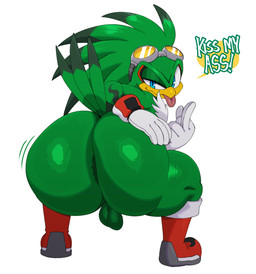 anthro anus backsack balls beak big_butt blue_eyes boots butt clothing crouching dialogue eyewear eyewear_on_head feathers footwear genitals gesture gloves goggles goggles_on_head green_body green_feathers hand_gesture handwear huge_butt looking_at_viewer looking_back looking_back_at_viewer male middle_finger presenting presenting_hindquarters shoes solo tail tail_feathers text thick_thighs tongue tongue_out sssonic2 sega sonic_riders sonic_the_hedgehog_(series) jet_the_hawk accipitrid accipitriform avian bird english_text hi_res