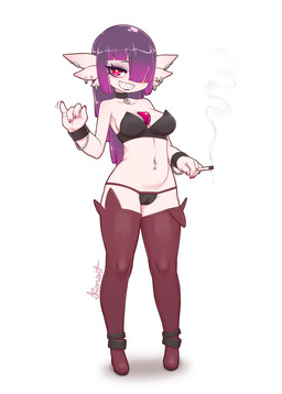 boots breasts cigarette clothing collar ear_piercing ear_ring female footwear hair holding_cigarette holding_object legwear looking_at_viewer navel navel_piercing not_furry piercing pink_eyes purple_hair ring_piercing sharp_teeth shoes simple_background smile solo standing stockings teeth thigh_boots thigh_highs white_background kionant nintendo pokemon gara_(kionant) gardevoir generation_3_pokemon humanoid pokemon_(species) 2020
