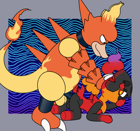 abstract_background anal anal_penetration balls claws covering covering_mouth duo genitals hand_on_head male male/male multicolored_body penetration penis size_difference aaron_amethyst nintendo pokemon charcadet generation_1_pokemon generation_9_pokemon magmar pokemon_(species) absurd_res hi_res