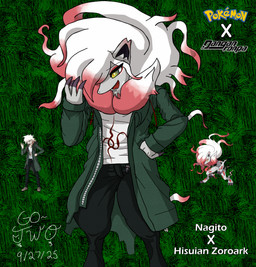 anthro chest_tuft claws clothing creepy_smile fur green_clothing green_jacket green_topwear grey_body grey_fur hair hair_over_eye jacket looking_at_hand male messy_hair pupils red_pupils smile snout solo topwear tuft yellow_eyes go-two danganronpa danganronpa_2 nintendo pokemon spike_chunsoft nagito_komaeda canid canine generation_8_pokemon hisuian_form hisuian_zoroark mammal pokemon_(species) regional_form_(pokemon) absurd_res hi_res