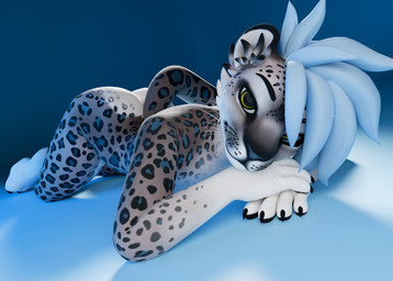 anthro bedroom_eyes black_body black_eyebrows black_fur black_spots black_tail blue_background blue_body blue_fur blue_hair blue_nose blue_spots blue_tail butt cheek_tuft claws crossed_legs eyebrows facial_tuft female fur grey_body grey_fur grey_tail hair half-closed_eyes hands_on_hands inner_ear_fluff light looking_at_viewer lying markings medium_hair multicolored_body multicolored_fur narrowed_eyes nude on_front presenting presenting_hindquarters resting_head seductive simple_background smile smiling_at_viewer smirk smirking_at_viewer solo spots spotted_body spotted_fur tail tail_aside tuft whiskers white_body white_fur yellow_eyes winter_nights_(artist) winterpaw_feline eira_(winter_nights) felid feline mammal pantherine snow_leopard 2026 3d_(artwork) absurd_res blender_(artwork) blender_cycles_(artwork) digital_media_(artwork) hi_res lighting