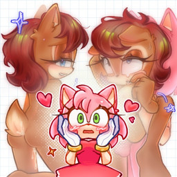 anthro balls blue_eyes blush bracelet brown_hair butt clothing dress duo female fur genitals gloves green_eyes gynomorph hair hand_on_face handwear heart_symbol intersex intersex/female jewelry looking_pleasured narrowed_eyes nude nude_female pink_body pink_fur sex smile tail witz_ps sega sonic_the_hedgehog_(series) amy_rose sally_acorn chipmunk eulipotyphlan ground_squirrel hedgehog mammal rodent sciurid 1:1