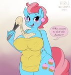 2020 anthro anthrofied apron apron_only big_breasts blue_body blue_fur breasts clothed clothing cutie_mark earth_pony english_text equid equine female friendship_is_magic fur hasbro hi_res hirurux horse looking_at_viewer mammal mane mature_anthro mature_female mostly_nude mrs._cake_(mlp) multicolored_mane my_little_pony open_mouth pink_eyes pink_mane pony solo speech_bubble text tongue two_tone_mane