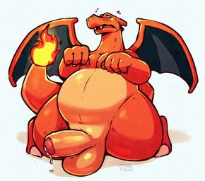 anthro balls biped blush bodily_fluids dripping erection fire flaming_tail foreskin genital_fluids genitals humanoid_genitalia humanoid_penis kneeling male open_mouth orange_body penis precum precum_drip simple_background solo tail white_background raburigaron nintendo pokemon charizard generation_1_pokemon pokemon_(species) hi_res