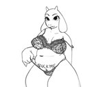 anthro baregote belly big_breasts bovid breasts caprine clothing deltarune female fur goat hi_res horn larger_female lingerie mammal mature_female monochrome overweight size_difference slightly_chubby smile solo text thick_thighs toriel undertale undertale_(series) underwear undressing white_body white_fur wide_hipped_female wide_hips