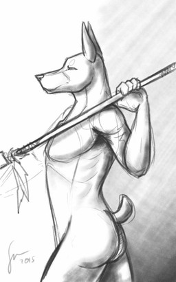 anthro butt holding_melee_weapon holding_object holding_polearm holding_spear holding_weapon male male_anthro melee_weapon mouth_closed nude polearm side_view slim_anthro slim_male solo spear standing tail weapon hufnaar canid canine canis dobermann domestic_dog mammal pinscher 2015 5:8 dated monochrome portrait sketch three-quarter_portrait
