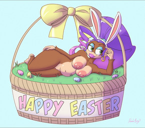 anthro areola basket breasts clitoral_hood clitoris container ear_piercing ear_ring easter_basket easter_egg eyelashes eyeshadow fake_ears fake_rabbit_ears feet female fingers fur genitals grass hair half-closed_eyes holidays lipstick lying makeup narrowed_eyes navel nipples nude on_side piercing plant ring_piercing smile solo text toes vulva dazzlekong donkey_kong_(series) easter nintendo dazzle_kong_(dazzlekong) ape gorilla haplorhine mammal primate digital_media_(artwork) english_text hi_res