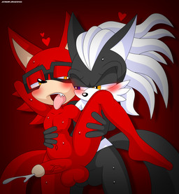 ahegao anal anal_penetration anthro anthro_on_anthro anthro_penetrated anthro_penetrating anthro_penetrating_anthro balls biped black_body black_eyewear black_fur black_glasses black_nose blush bodily_fluids cum cumshot duo ejaculation erection eyewear fangs fur genital_fluids genitals glasses gradient_background hair heart_symbol heterochromia lidded_eyes looking_pleasured male male/male male_penetrated male_penetrating male_penetrating_male navel nude obscured_penetration penetration penis rectangular_glasses red_background red_balls red_body red_fur red_penis sex simple_background sweat teeth tongue tongue_out vein veiny_penis white_hair yellow_eyes jasienorko sega sonic_forces sonic_the_hedgehog_(series) gadget_the_wolf infinite_(sonic) canid canine canis jackal mammal wolf 2022 absurd_res digital_media_(artwork) hi_res