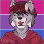 anthro big_fangs bisexual_pride_colors brown_eyes clothed clothing ear_piercing eyewear fangs front_view fur glasses glistening glistening_eyes grey_body grey_fur grey_inner_ear_fluff hair hoodie horn industrial_piercing inner_ear_fluff lgbt_pride looking_at_viewer male multiple_piercings open_mouth piercing pride_colors red_clothing red_hair red_hoodie red_topwear solo teeth tongue tongue_piercing tongue_stud topwear tuft white_horn rayliicious felid hybrid mammal species_request 1:1 artist_name bust_portrait portrait