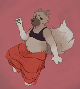 anthro belly big_belly bottomwear bra clothing fluffy looking_at_viewer looking_up sitting skirt slightly_chubby solo tail topwear underwear hdmi-art pabini canid canine canis mammal absurd_res hi_res