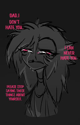 anthro bodily_fluids clothing collar crying depressing depression dialogue eyes_always_closed eyes_closed female hair long_hair pink_eyes pink_text sad simple_background solo tears text teathekook hellaverse helluva_boss octavia_(helluva_boss) avian bird owl owl_demon english_text hi_res