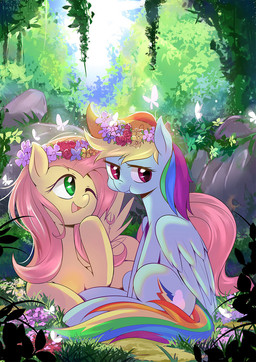 accessory cloud cutie_mark day detailed_background duo feathered_wings feathers female feral flower flower_in_hair grass green_eyes hair hair_accessory leaf long_hair multicolored_hair one_eye_closed open_mouth open_smile pink_hair plant purple_eyes rock sitting smile wings wink cbreturn friendship_is_magic hasbro my_little_pony mythology fluttershy_(mlp) rainbow_dash_(mlp) arthropod butterfly equid equine insect lepidopteran mammal mythological_creature mythological_equine pegasus 2015 hi_res