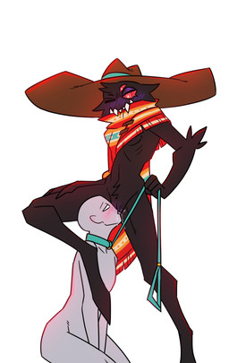 ambiguous_gender anthro black_body black_fur blush clothing collar collar_only cowboy_hat crotch_tuft duo female female/ambiguous fur genitals hat headgear headwear holding_object leash mexican_poncho nipple_slip nude oral poncho purple_blush red_eyes ribs sharp_teeth skinny_female teeth tuft vulva chradi minerva_(chradi) arachnid arthropod human mammal spider hi_res